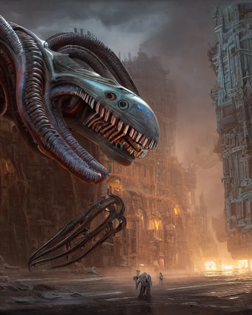 Image similar to xenomorph truck in a robust fantasy village, calming, uplifting mood, ultra realistic, factory, funny, small buildings, highly detailed, epic lighting, illuminated, cinematic, morning, art by eddie mendoza