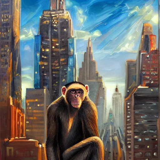 Image similar to monkeys take manhattan, dramatic painting, trending on artstation, 4 k, concept art