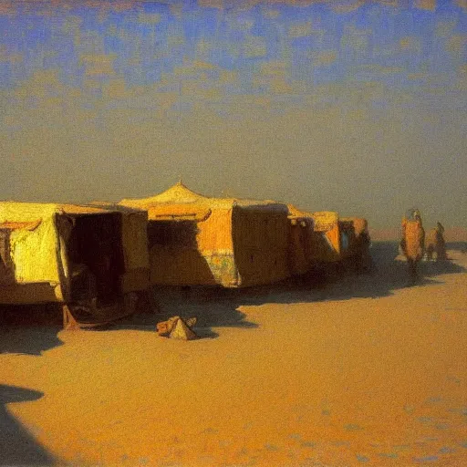 Image similar to timbuktu, by henry ossawa tanner, caravan, at sunrise