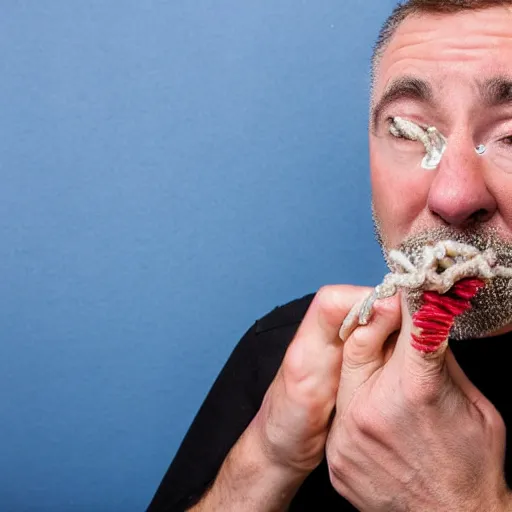 Prompt: photograph of obnoxious middle aged man with worms coming out of his nose