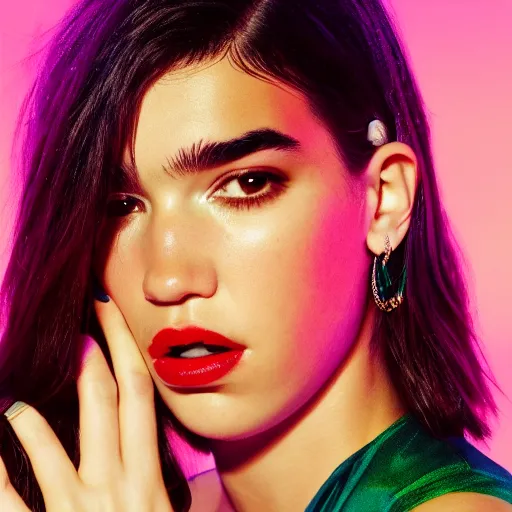 Prompt: a close up studio photographic portrait of beautiful dua lipa vibrant stunning on vogue dramatic lighting