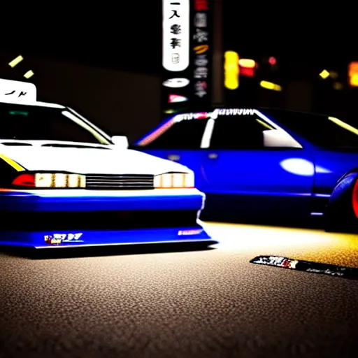 Image similar to a car JZX100 twin turbo drift at illegal car meet, Shibuya prefecture city midnight mist lights cinematic lighting photorealistic highly detailed wheels, high detail