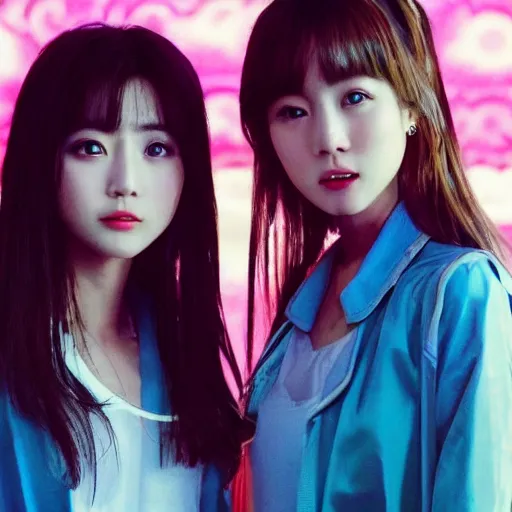 Image similar to 1990s, unbelievably beautiful, perfect, dynamic, epic, cinematic 8K HD movie shot of two semi-close-up japanese beautiful cute young J-Pop idols actresses girls, they express joy and posing together. By a Chinese movie director. Motion, VFX, Inspirational arthouse, high budget, hollywood style, at Behance, at Netflix, with Instagram filters, Photoshop, Adobe Lightroom, Adobe After Effects, taken with polaroid kodak portra