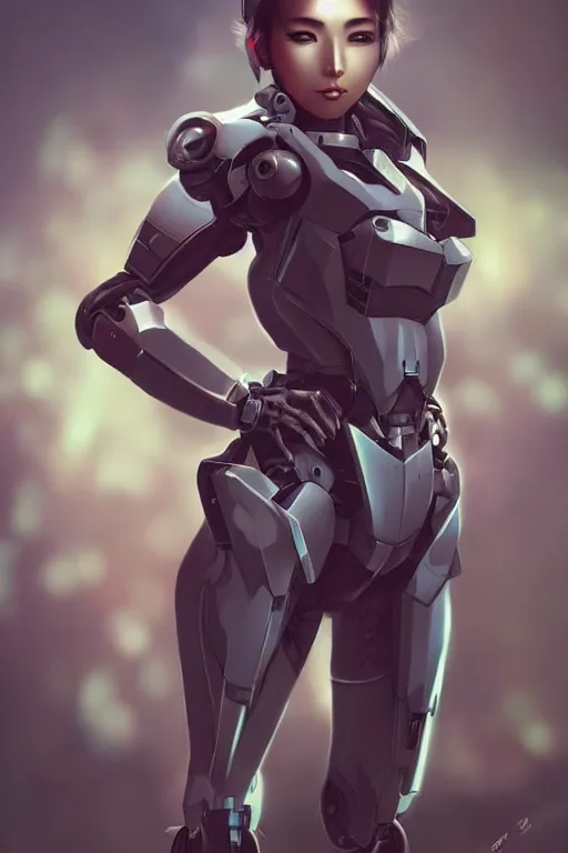 Image similar to a young attractive Asian woman inside a mecha, in the style of Artgerm and Tom Bagshaw