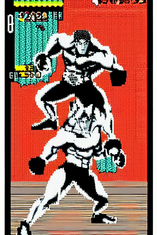 Image similar to extreme long shot. 8 bit nes graphics. hermann nitschantropomorphic muscular masculine wolf. kickboxer fighter, in shorts. wolf head. art from nes game cartridge,