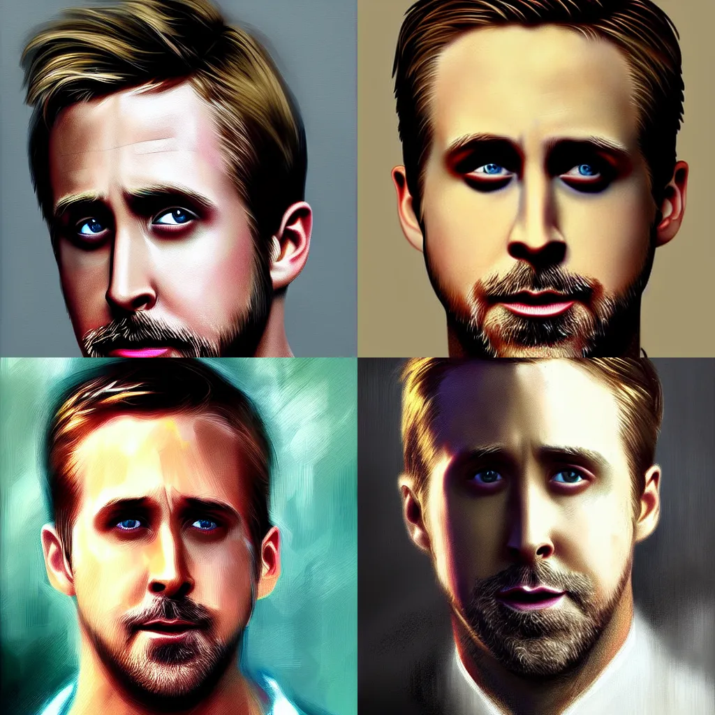 Prompt: A hyperdetailed digital oil portrait painting of Ryan Gosling in the style of Guy Denning and Ruan Jia. Trending on ArtStation and DeviantArt. Digital art.