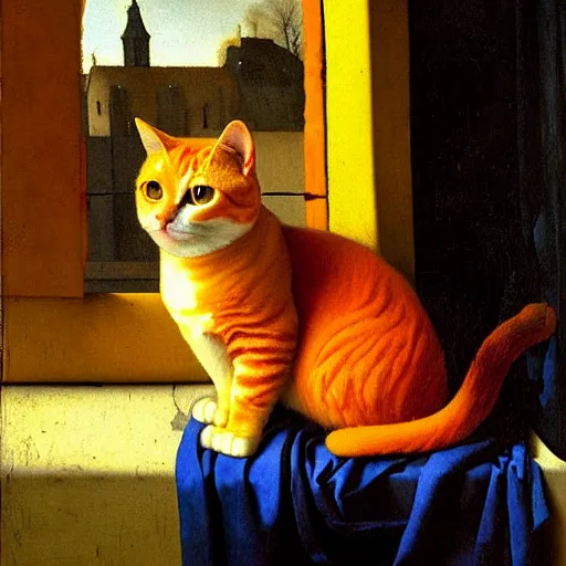 Image similar to a painting of an orange cat staring profoundly into the window, a detailed painting by johannes vermeer, behance, american scene painting, dutch golden age, detailed painting, academic art