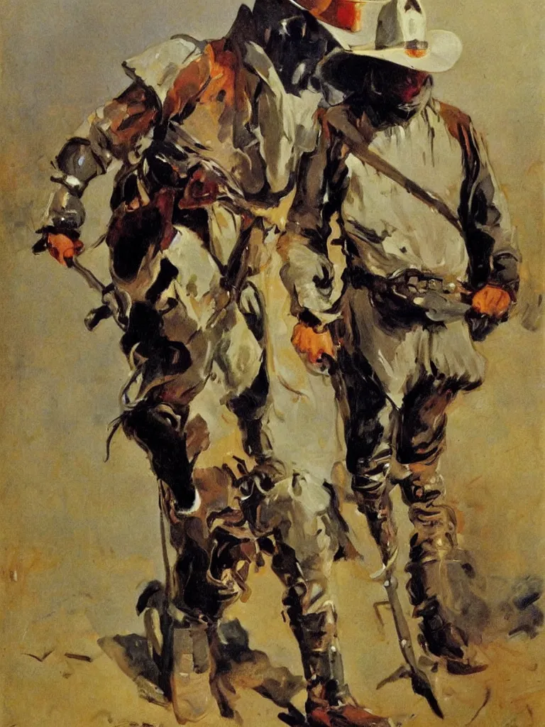 Prompt: a filmmaker cowboy dressed in ned kelly iron chicken armour, painted by sorolla and anders zorn