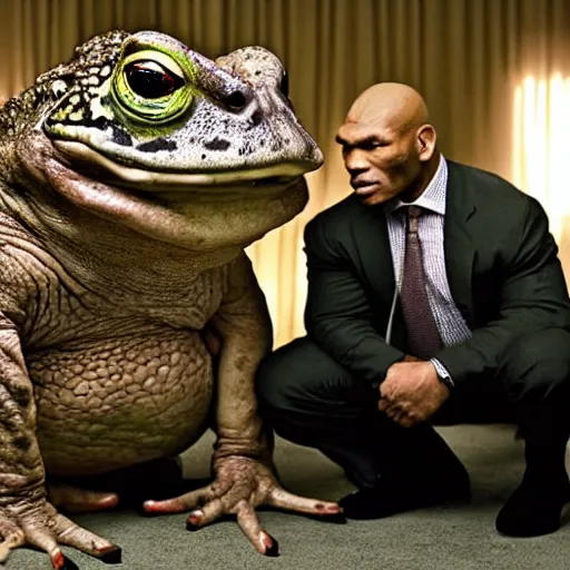 Image similar to a giant toad sitting with mike tyson in a room, from the movie directed by martin scorsese and christopher nolan, masterpiece, 8 h