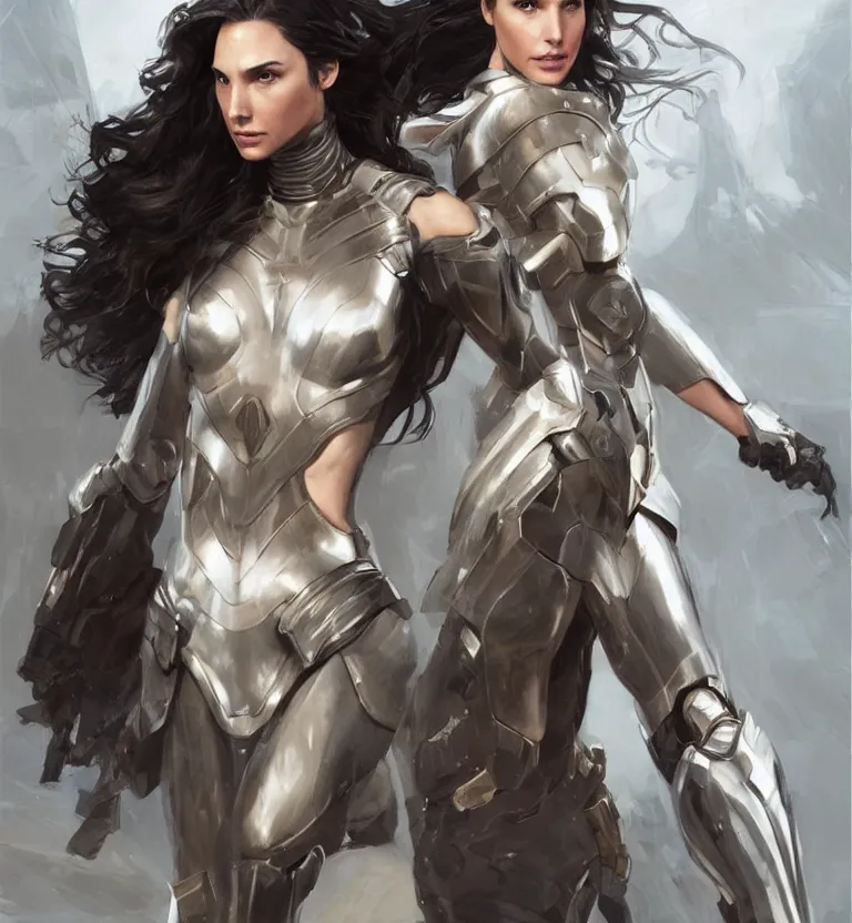 Prompt: fully body fashion model fantasy Gal Gadot wearing military armor long dark hair beautiful bone structure symmetrical facial features intricate elegant digital painting concept art smooth sharp focus illustration from Metal Gear by Ruan Jia and Mandy Jurgens by Artgerm by William-Adolphe Bouguerea