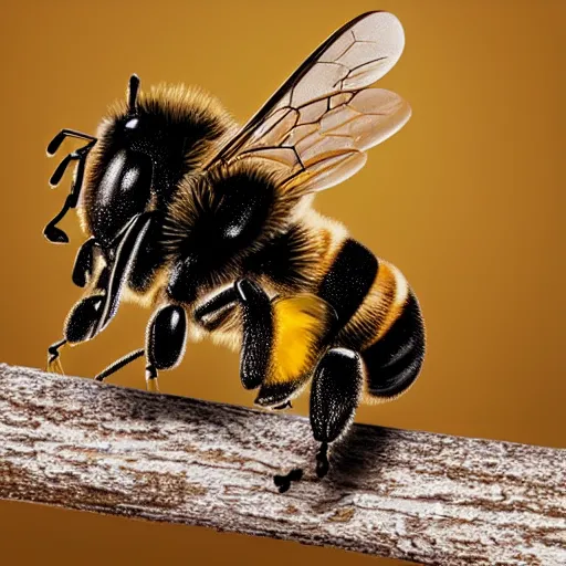 Prompt: a powerful bee, strong, muscles, wearing sunglasses, flying back to hive in a wood scenery, photo realistic, small bees following the leader