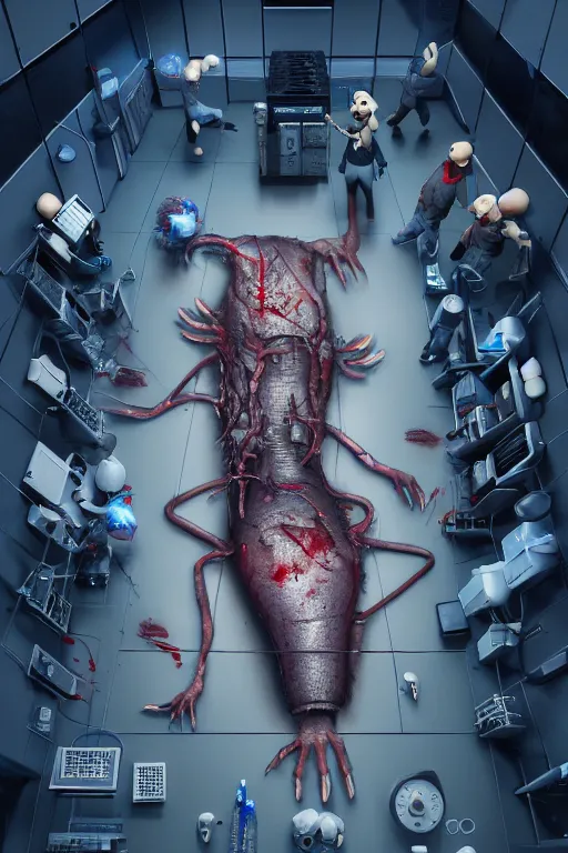 Prompt: top view photorender of many mechanics in lab facility looking at bloody disney mouse head lifted by claw, made by beeple, cgsociety, artgerm, greg rutkowski, highly detailed intricate 4 k art, low light cinematic, octane render, unreal engine, smooth concept art