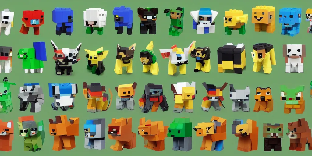 Image similar to small creatures made of a single brick, four legged, quadrupedal, cute looking, kawaii, sharp focus, character sheet, game concept art, blocky, lego mixels, flat toon style like katamari damacy inspired, pokemon inspired, blocky like minecraft