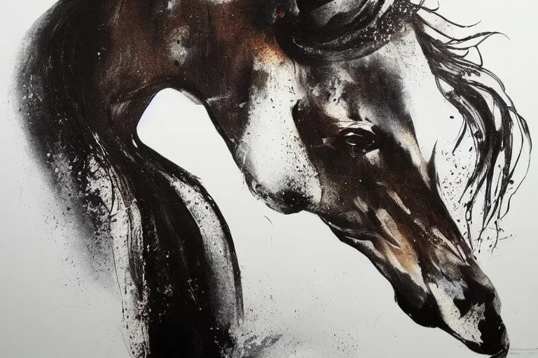 Image similar to bautiful serene horse, healing through motion, minimalistic ink aribrush painting on white background