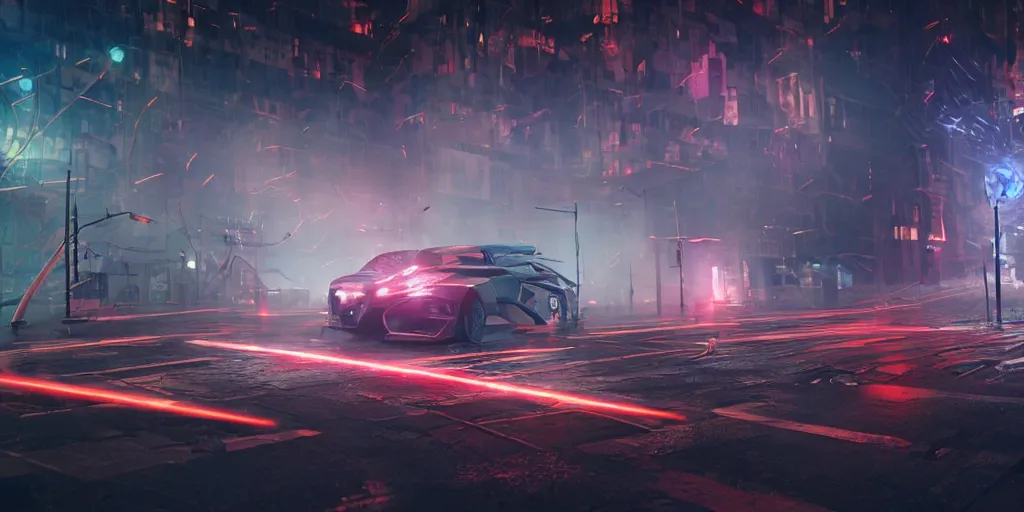 Image similar to lasers, fire, explosions, lights, smoke, fog, hypermaximalistic, high details, cinematic, 8k resolution, beautiful detailed, insanely intricate details, artstation trending, octane render, unreal engine