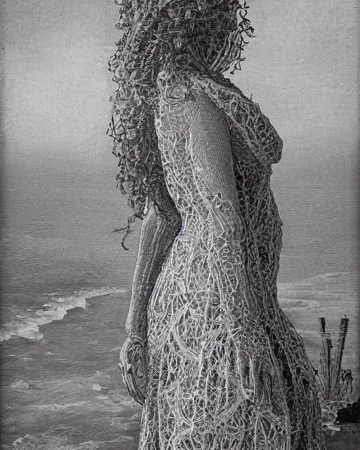 Image similar to a woman standing by the sea, made of intricate decorative lace leaf skeleton, in the style of the dutch masters and gregory crewdson, dark and moody