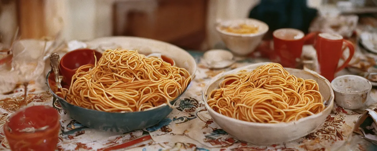 Prompt: the largets bowl of spaghetti in history, small details, intricate, canon 5 0 mm, wes anderson film, kodachrome