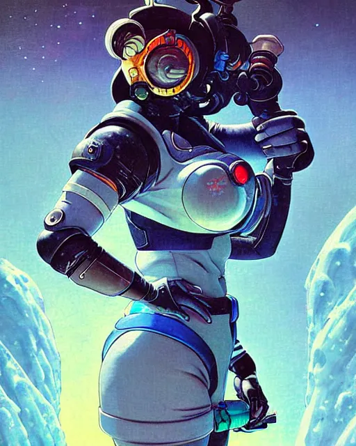 Image similar to mei from overwatch, character portrait, ice, portrait, close up, concept art, intricate details, highly detailed, vintage sci - fi poster, retro future, in the style of chris foss, rodger dean, moebius, michael whelan, and gustave dore