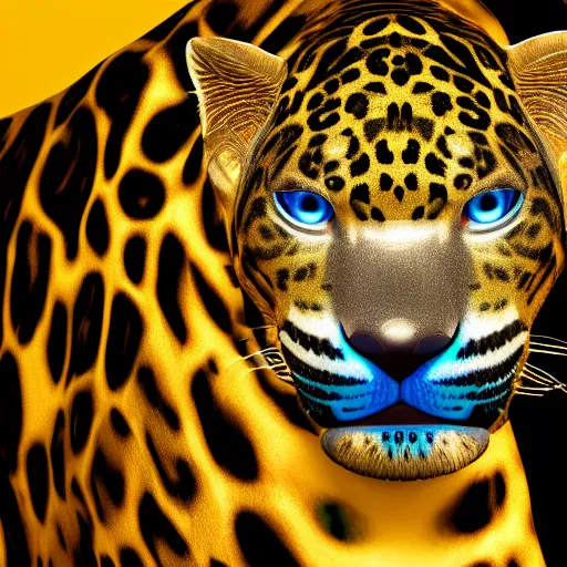 Image similar to metallic jaguar with glowing blue eyes, octane render