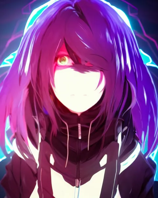 Image similar to beautiful portrait of black rock shooter facing the camera centered in the style of a code vein character, momo from twice in code vein in the style of WLOP, artgerm, yasutomo oka, rendered in unreal engine and redshift octane , background is surrounded by epic neon glitch effect digital art dynamic dramatic lighting, soft lighting, imagine fx, artstation, cgsociety, by Bandai Namco artist,