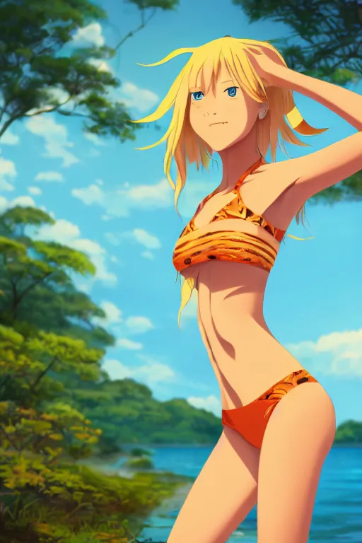 Image similar to beautiful blond woman in orange tribal bikini, blond hair pulled back, by makoto shinkai, 8 k, high resolution render, cinematic, sunset, lake, prehistoric jungle, unreal engine, clean lineart and flat color,