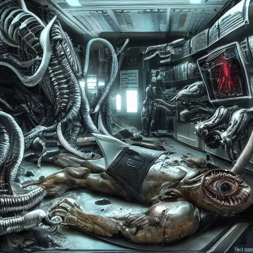 Prompt: Biolevel 4 Xenomorph experiment gone wrong in Weyland Yutani bio labs, by Chris Tulloch McCabe, realistic, detailed, trending on artstation, wallpaper, wide angle, 16mm