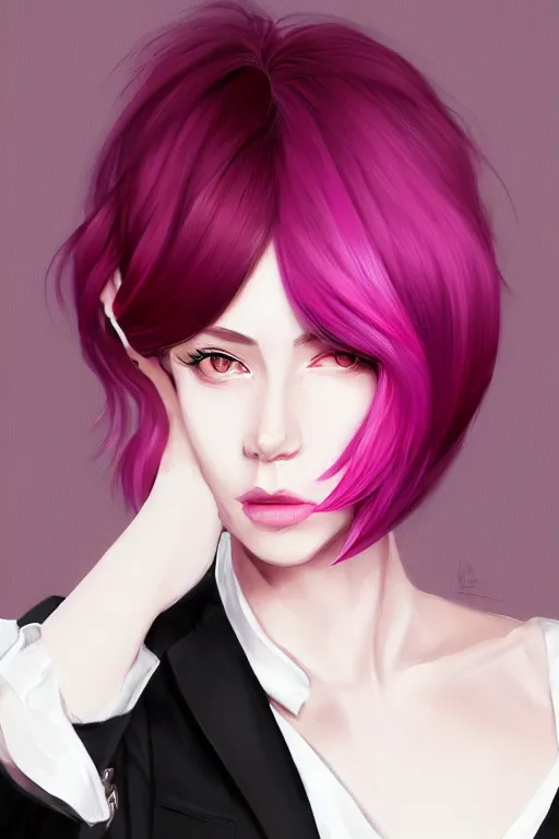 Image similar to a digital painting of a woman in a suit, with short magenta hair, face covered, a character portrait by artgerm, trending on artstation, fantasy art, ilya kuvshinov, artstation hd, artstation hq