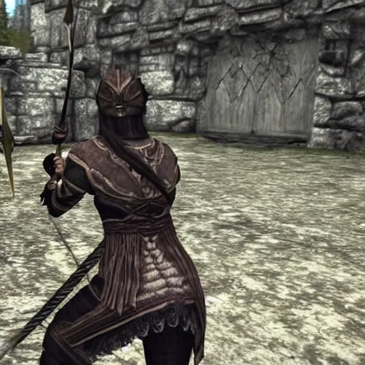 Prompt: a skyrim babe shooting a guard in the knee with an arrow