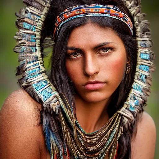 Image similar to vintage portrait of a stunningly beautiful aztec female, dark eyes, dark hair, olive skin, depth of field, zeiss lens, detailed, symmetrical, centered, fashion photoshoot, by edward s curtis, Annie Leibovitz and Steve McCurry, David Lazar, Jimmy Nelsson, Breathtaking, 8k resolution, extremely detailed, beautiful, establishing shot, artistic, hyperrealistic, beautiful face, octane render