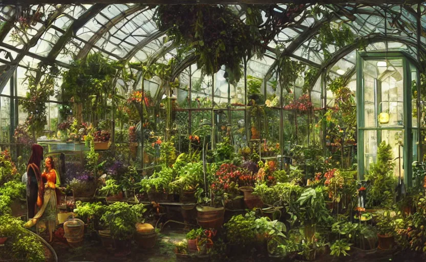 Image similar to a greenhouse with alien plants, potions, fountain in the middle, fantastic lighting, oil painting, high detail, a women working behind a counter