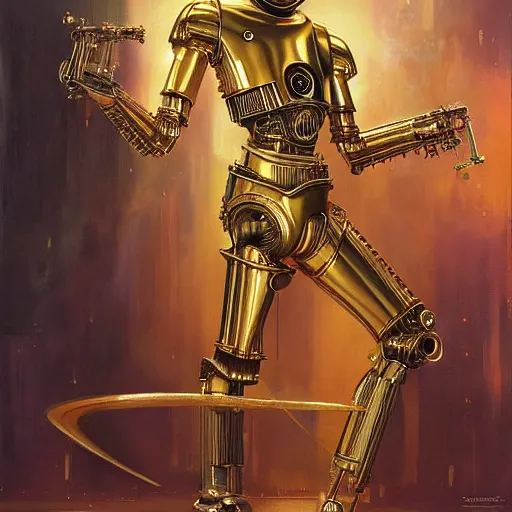 Image similar to medium shot stunning portrait of C3PO playing the golden lyre, painting by Raymond Swanland and Donato Giancola, Robot, sci-fi, cybernetic, hq