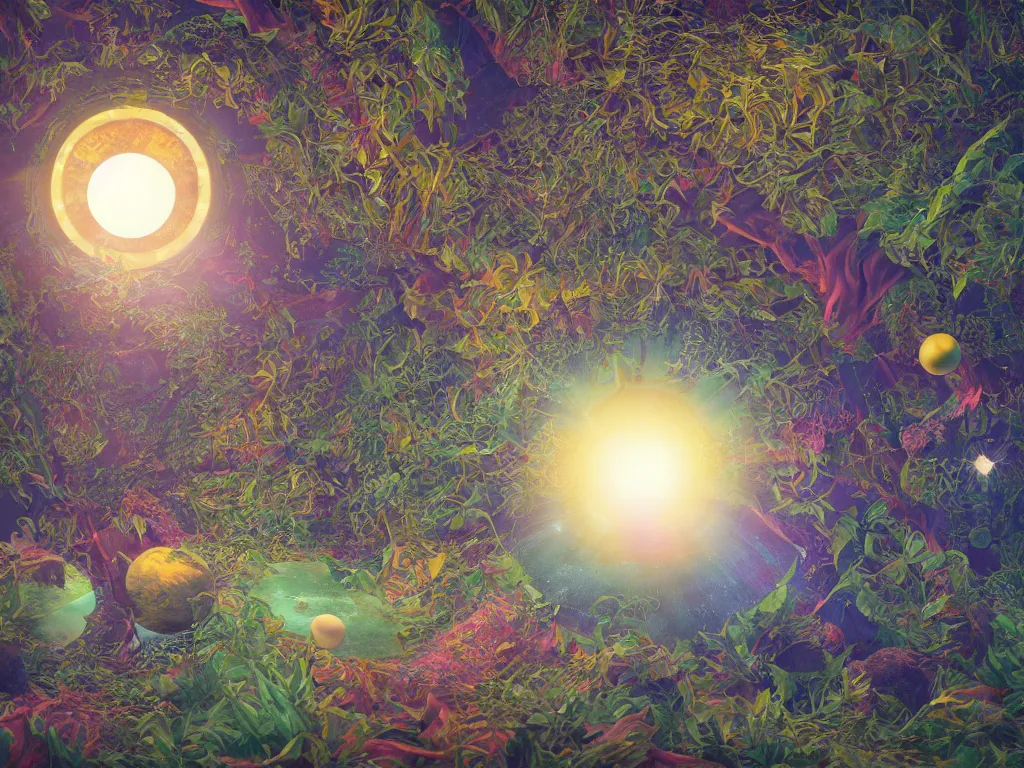 Image similar to 3 d render, sunlight study, the universe is a spheroid region 7 0 5 meters in diameter, art nouveau, by maria sibylla merian and ( ( ( ( ( lisa frank ) ) ) ) ), 8 k, sharp focus, octane render