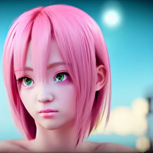 Image similar to stunningly beautiful omnipotent anime goddess with smooth porcelain skin, pink hair and mesmerizing cyan eyes, symmetrical perfect face, mid view, unreal engine 5, 8 k