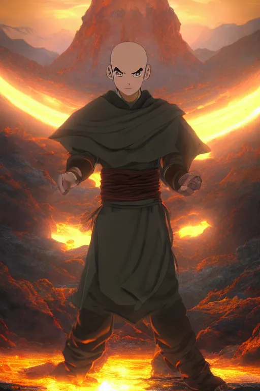 Image similar to an ultra detailed 3 d render of the aang the last airbender as an elden ring boss, epic anime fantasy, 8 k, in the style of a fantasy metal album cover and magic the gathering, volumetric lighting, smooth, highly detailed, digital illustration, octane render, art by albert bierstadt and greg rutkowsi, artstation