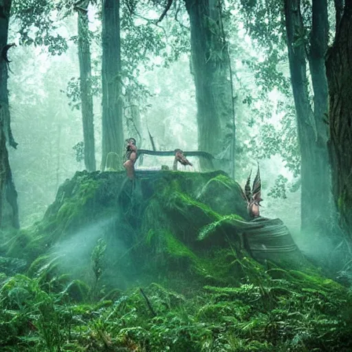 Image similar to psytrance party in a secluded forest, mystical, psychedelic, fog