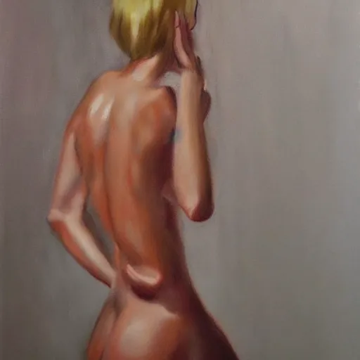 Prompt: fashion model looking in mirror, hyperrealism oil painting