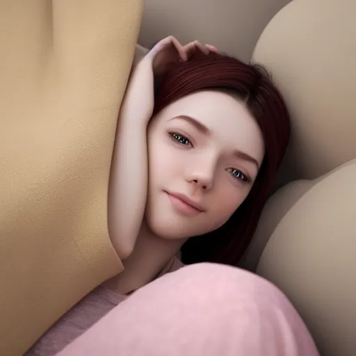 Image similar to 3 d render of a cute thin young woman, red blush, wearing casual clothes, small smile, relaxing on a couch, cuddling up under a blanket, cozy living room, medium shot, 8 k, octane render, trending on artstation, art by artgerm, unreal engine 5, hyperrealism, hyperdetailed, ultra realistic