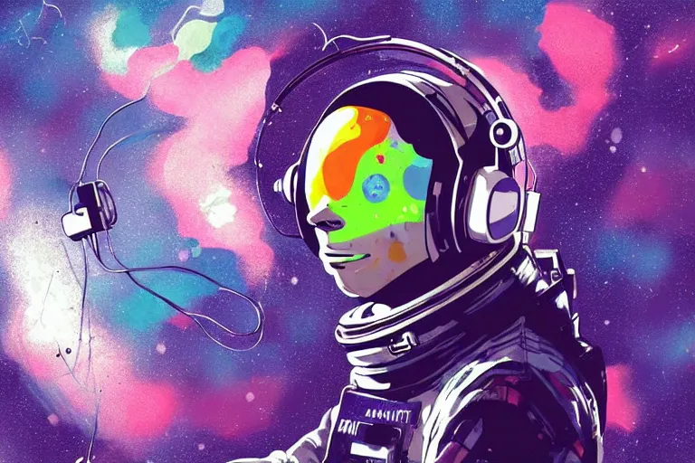 Prompt: astronaut wearing headphones floating in space, pixiv fanbox, dramatic lighting, maximalist pastel color palette, splatter paint, pixar and disney concept, graphic novel by fiona staples and dustin nguyen, peter elson, alan bean, wangechi mutu, clean cel shaded vector art, on artstation