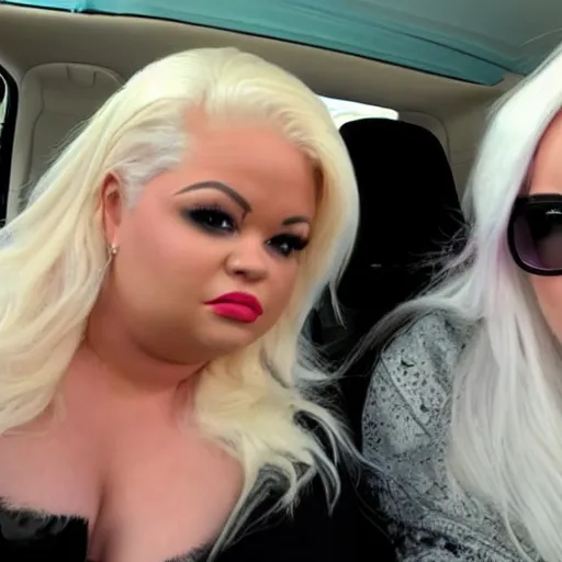 Prompt: paparazzi photo of trisha paytas and jeffree star driving