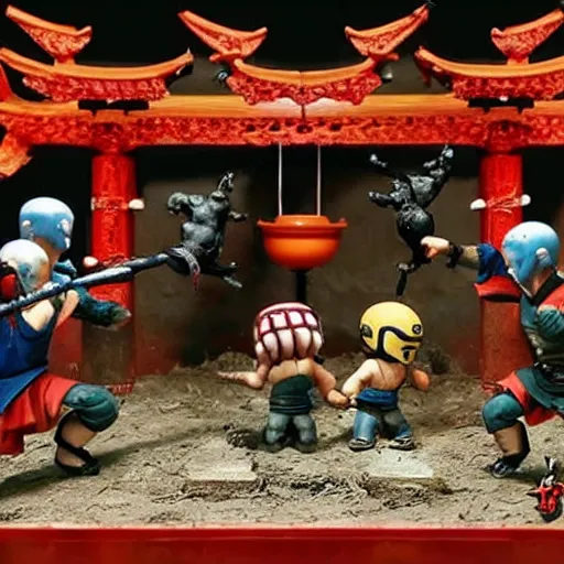 Prompt: photo of figma figures inside a diorama, depicting the cute chibi fighters of mortal kombat brutally fighting each other inside a shaolin temple above a spike - pit.