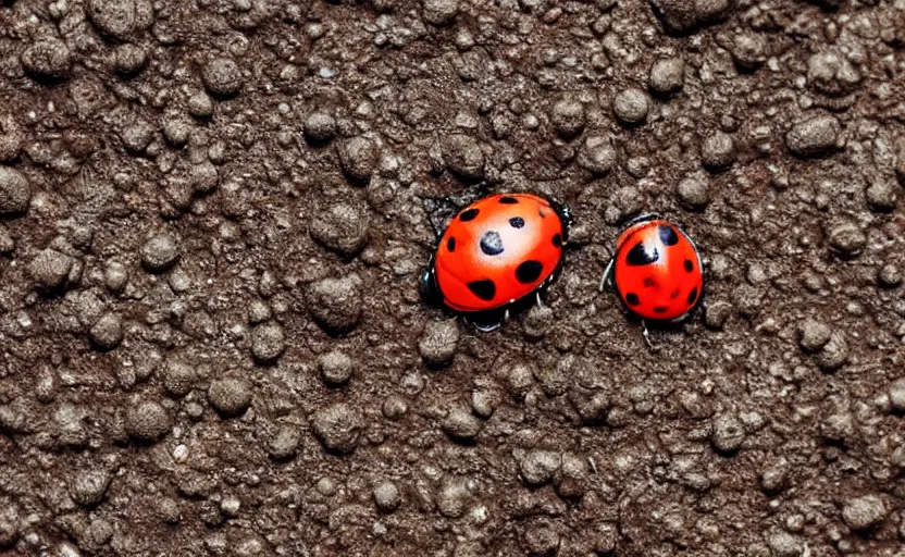 Prompt: a tiny world made of mud, there is a beautiful ladybug with 6 legs ready to fly away, wings opened up, ambient light, beautiful photography
