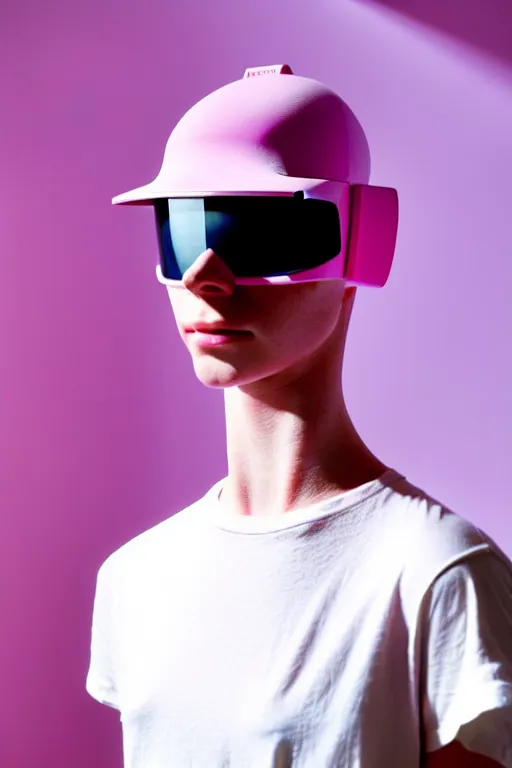 Image similar to a high definition film photograph of a normal androgynous robot human wearing a plain white t - shirt, in a pastel pink room. happy. visor covering eyes. crushed shadows.