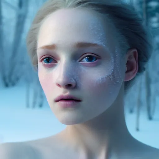 Image similar to photographic portrait of a stunningly beautiful english renaissance female in soft dreamy light at sunset, frozen forest, soft focus, contemporary fashion shoot, in a denis villeneuve and tim burton movie, by edward robert hughes, annie leibovitz and steve mccurry, david lazar, jimmy nelsson, extremely detailed, breathtaking, hyperrealistic, perfect face, octane render