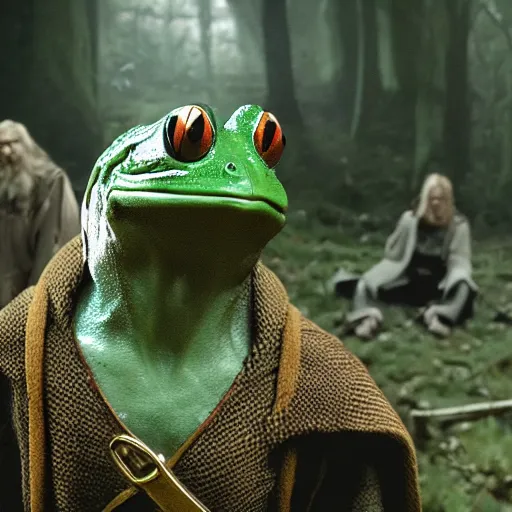 Image similar to movie film still scene, lord of the rings with frog heads