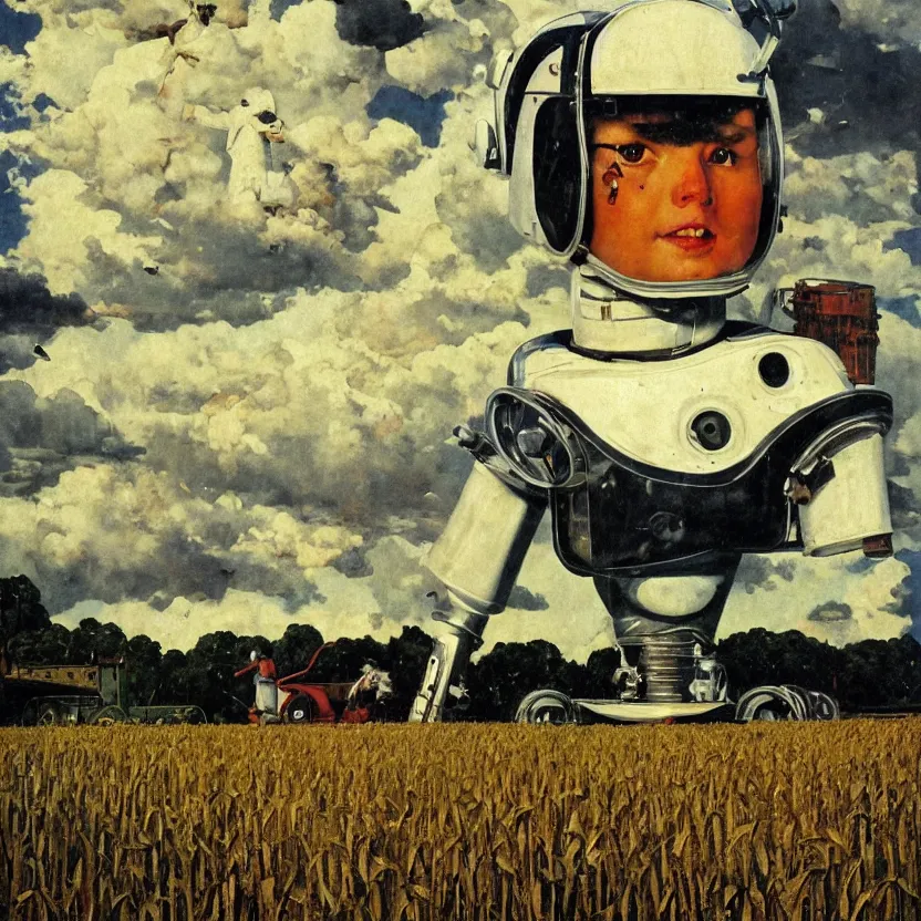 Image similar to portrait painting of a farmer robot made of chrome in front of rolling cornfields and beautiful clouds, painted by norman rockwell. pulp sci - fi art for omni magazine. high contrast. dark background. baroque period, oil on canvas. renaissance masterpiece. trending on artstation. retrofuturism.