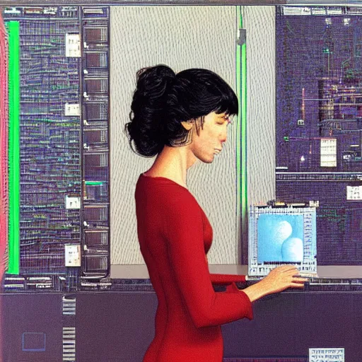 Prompt: symmetric! detailed! sci - fi painting of a beautiful female neuroscientist with dark hair trying to understand a microprocessor and neural networks and artificial intelligence, jean giraud!, ai!