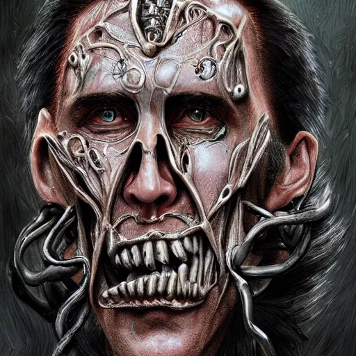 Prompt: Nicolas Cage as biomechanical monster intricate, smooth, artstation, painted by Hans Giger