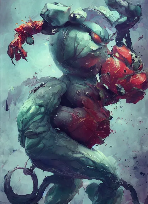 Image similar to semi reallistic gouache gesture painting, by yoshitaka amano, by ruan jia, by Conrad roset, by dofus online artists, detailed anime 3d render watermelon monster, watermelon terrible monster, antrophomorfic watermelon, portrait, cgsociety, artstation, rococo mechanical, Digital reality, sf5 ink style, dieselpunk atmosphere, gesture drawn