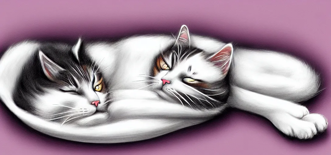 Image similar to cat sleeping in bed, digital art