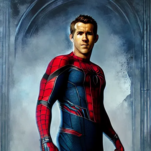 Image similar to ryan reynolds as spider - man, wearing a black and blue suit, cinematic, volumetric lighting, f 8 aperture, cinematic eastman 5 3 8 4 film, photorealistic by greg rutkowski, by stanley artgerm, by alphonse mucha